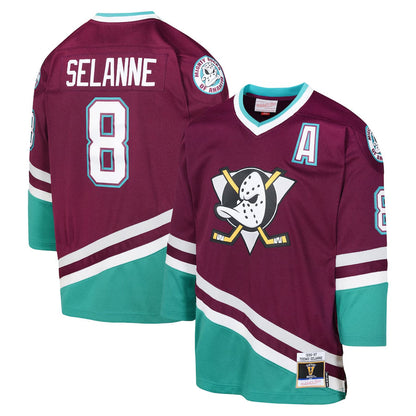 A.Ducks #8 Teemu Selanne Mitchell & Ness Maroon 1996 Blue Line Player Hockey Jerseys