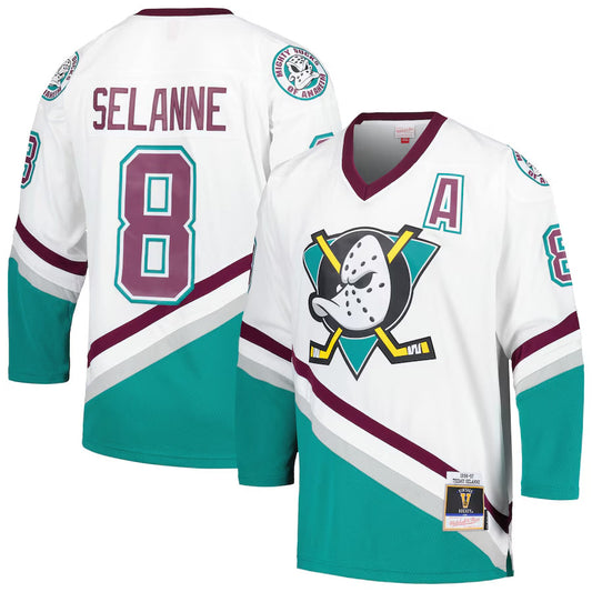 A.Ducks #8 Teemu Selanne Mitchell & Ness Maroon White 1996 Blue Line Player Hockey Jerseys