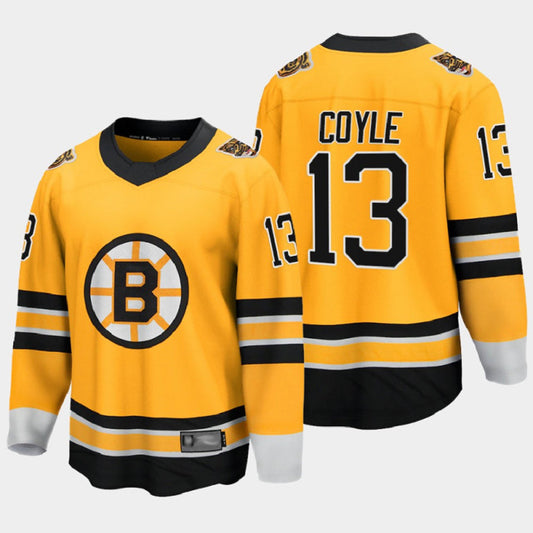 B.Bruins #13 Charlie Coyle Player Reverse Retro Special Edition Gold Hockey Jerseys