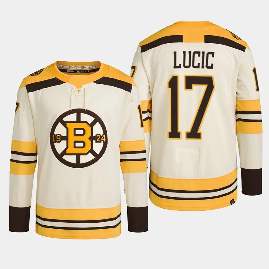 B.Bruins #17 Milan Lucic Player Fanatics Cream Authenti Breakaway Hockey Jerseys