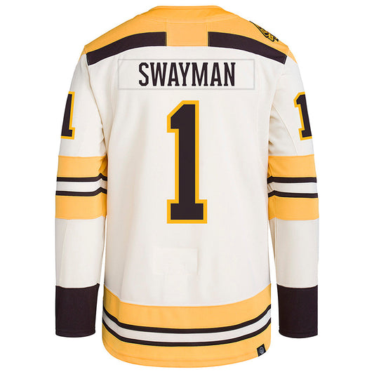 B.Bruins #1 Jeremy Swayman Player Fanatics Beige Alternate Hockey Jerseys