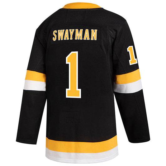 B.Bruins #1 Jeremy Swayman Player Fanatics Black Premier Breakaway Hockey Jerseys