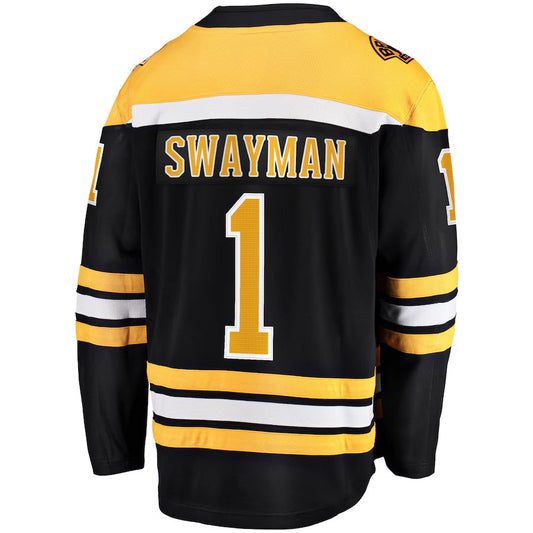 B.Bruins #1 Jeremy Swayman Player Fanatics Home Breakaway Replica Black Hockey Jerseys