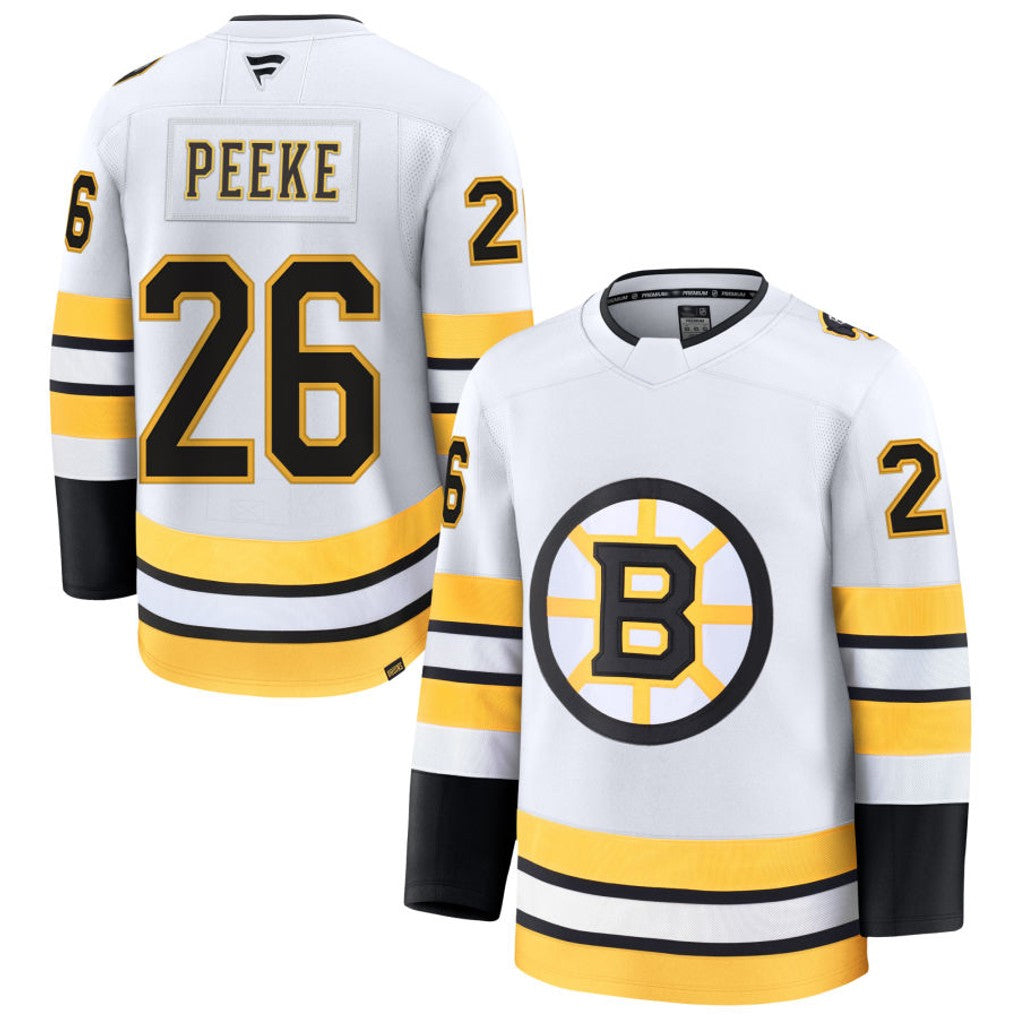B.Bruins #26 Andrew Peeke Player Fanatics Premium White Hockey Jerseys