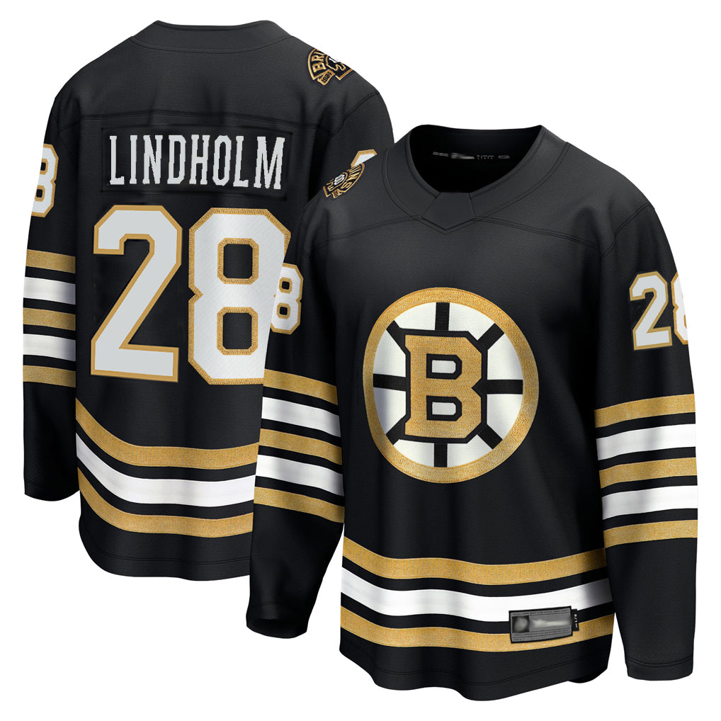 B.Bruins #28 Elias Lindholm Player Fanatics Black Anniversary Breakaway Hockey Jerseys