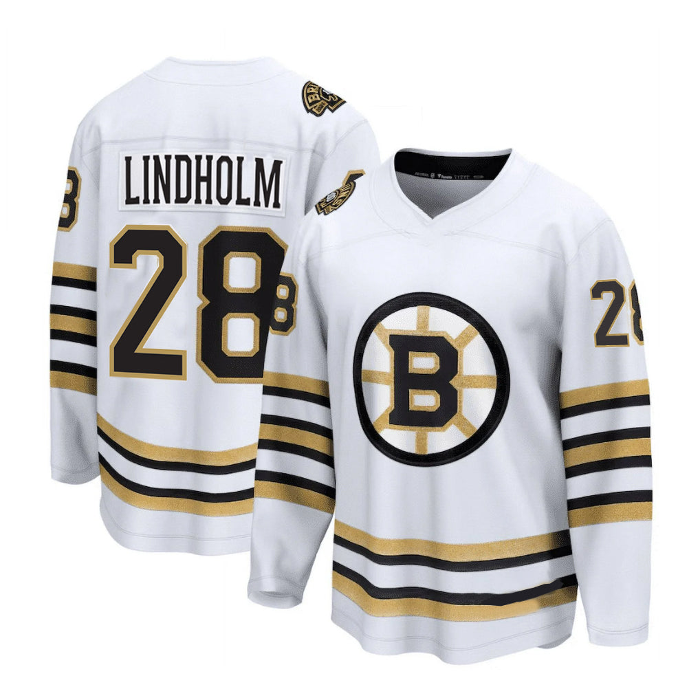 B.Bruins #28 Elias Lindholm Player Fanatics White Anniversary Breakaway Hockey Jerseys