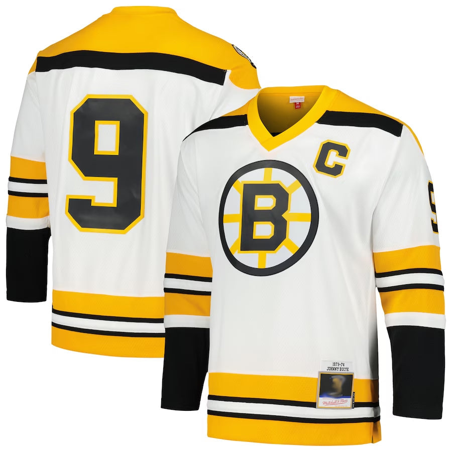 B.Bruins #9 John Bucyk Player Mitchell & Ness White Blue Line Hockey Jerseys