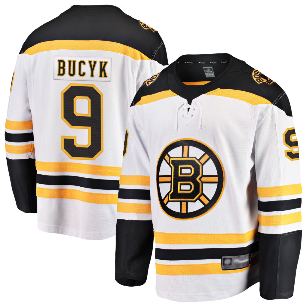 B.Bruins #9 Johnny Bucyk Player Fanatics Home Breakaway White Hockey Jerseys