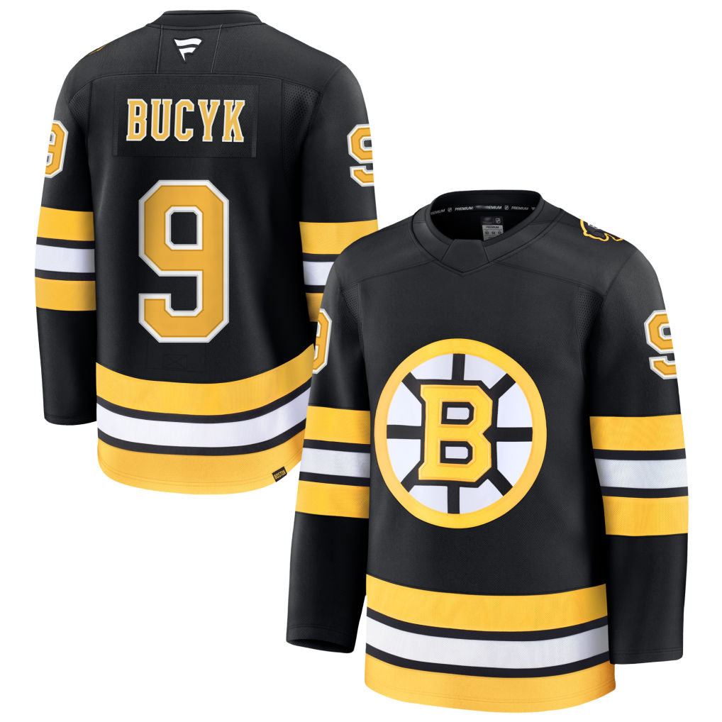 B.Bruins #9 Johnny Bucyk Player Fanatics Home Premium Black Hockey Jerseys