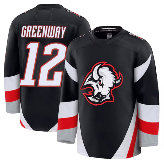 B.Sabres #12 Jordan Greenway Player Fanatics Alternate Premium Black Hockey Jerseys
