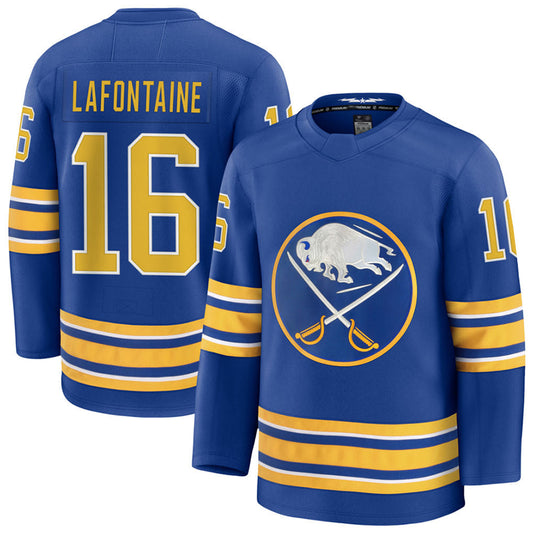 B.Sabres #16 Pat LaFontaine Player Fanatics Royal Home Premium Hockey Jerseys