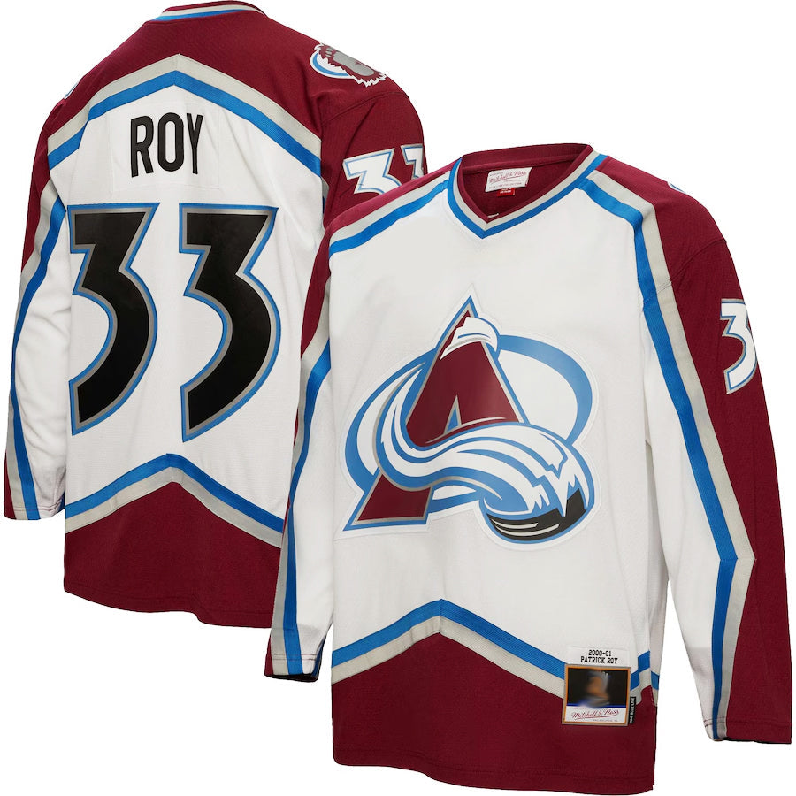 C.Avalanche #33 Patrick Roy Player Mitchell & Ness White Blue Line Hockey Jerseys