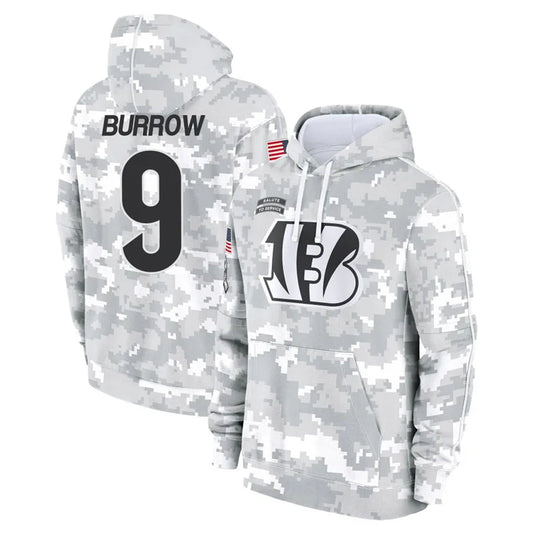 C.Bengals #9 Joe Burrow Player Arctic Camo Salute to Service Pullover Hoodie Football Jerseys