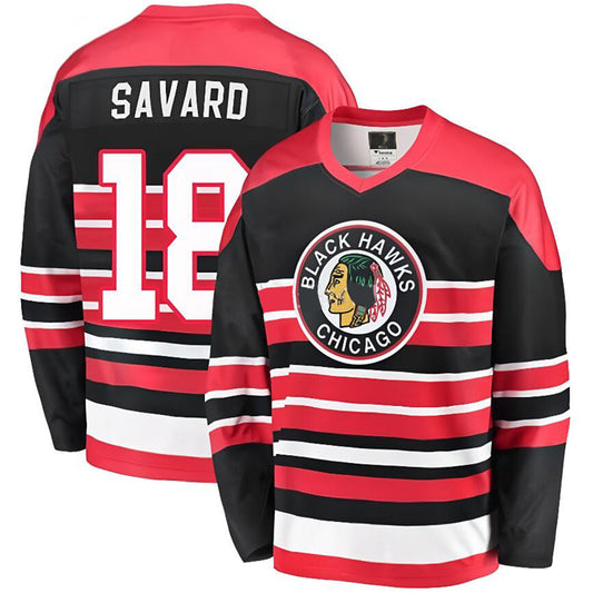 C.Blackhawks #18 Denis Savard Player Fanatics Reverse Retro Black-Red Hockey Jerseys
