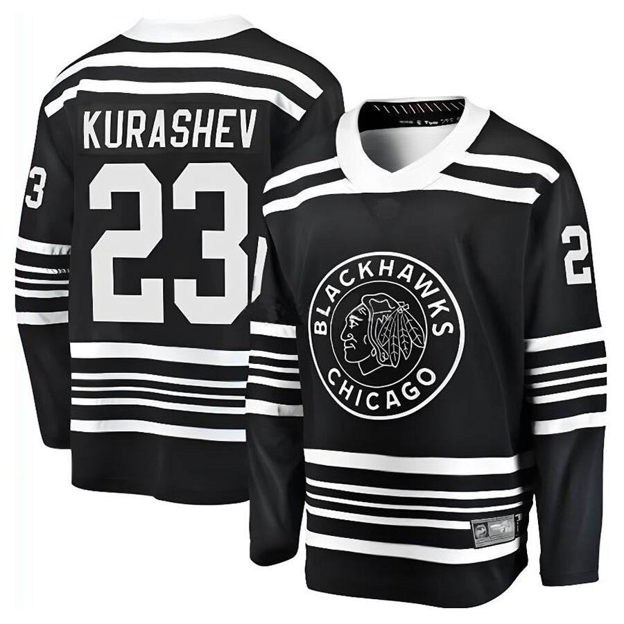 C.Blackhawks #23 Philipp Kurashev Player Fanatics Classic Replica Black Hockey Jerseys
