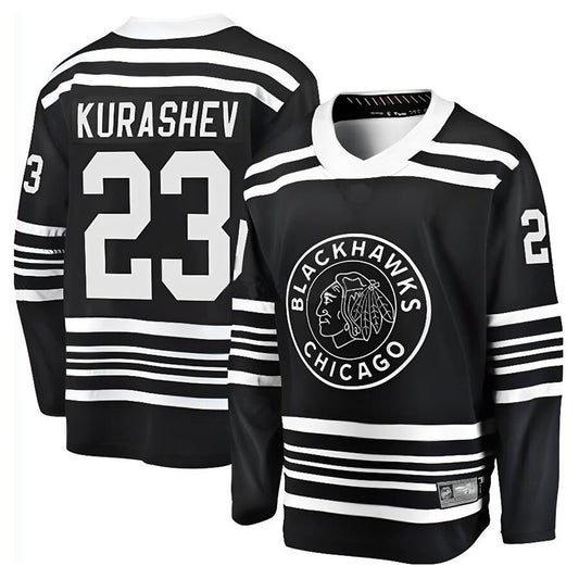 C.Blackhawks #23 Philipp Kurashev Player Fanatics Classic Replica Black Hockey Jerseys