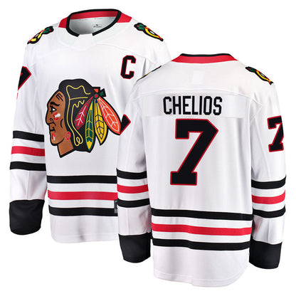 C.Blackhawks #7 Chris Chelios Player Fanatics Away Premium White Hockey Jerseys