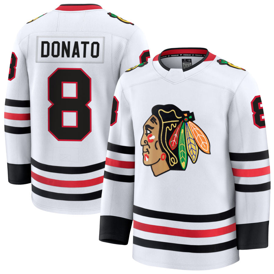 C.Blackhawks #8 Ryan Donato Player Fanatics Away Premium White Hockey Jerseys