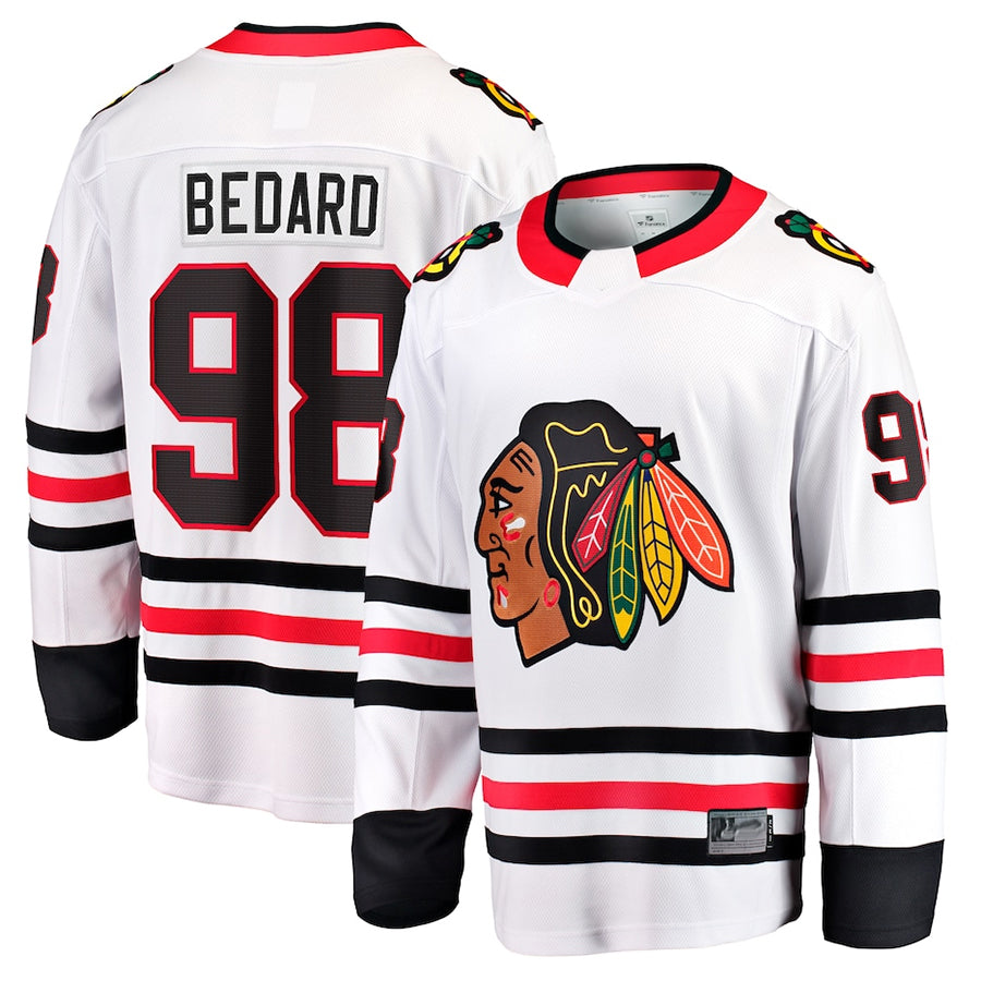 C.Blackhawks #98 Connor Bedard Player Fanatics Away Breakaway White Hockey Jerseys