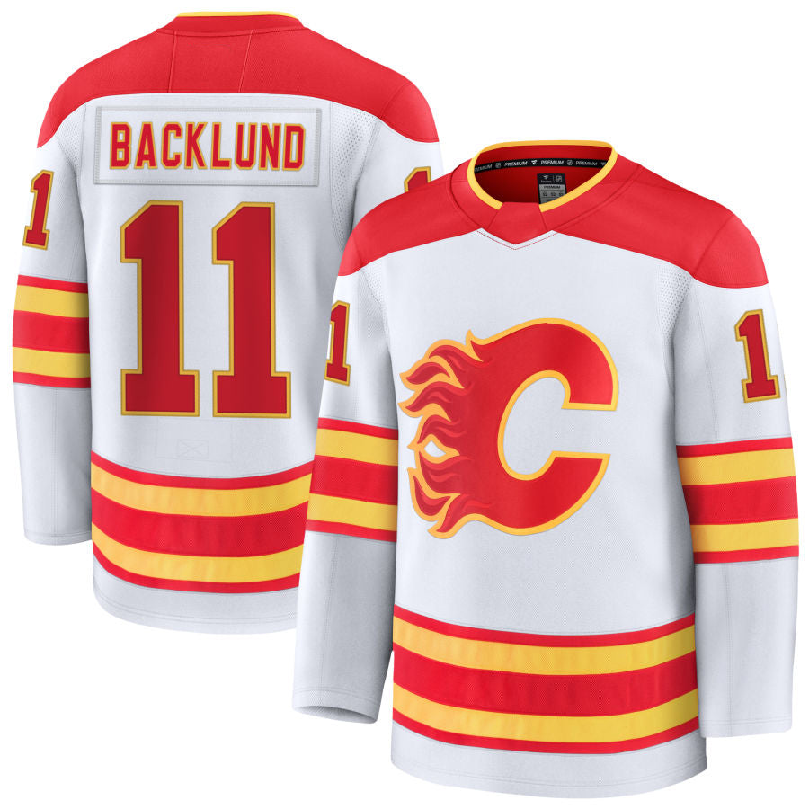 C.Flames #11 Mikael Backlund Player Fanatics Away Premium White Hockey Jerseys