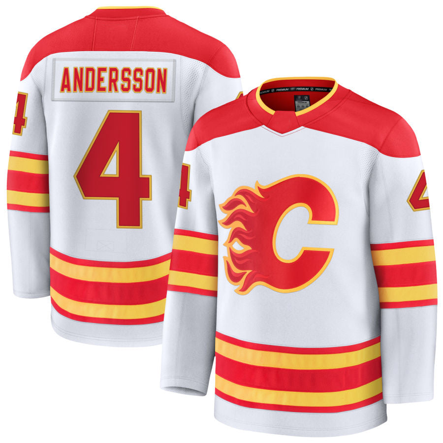 C.Flames #4 Rasmus Andersson Player Fanatics Away Premium White Hockey Jerseys