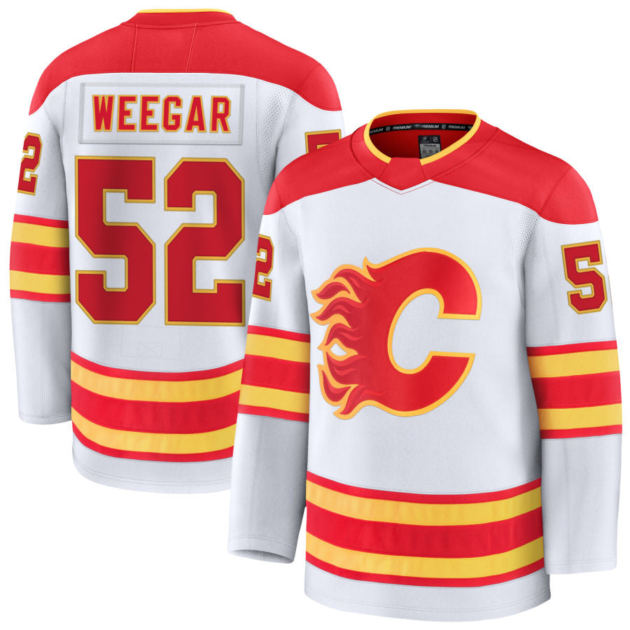C.Flames #52 MacKenzie Weegar Player Fanatics Away Premium White Hockey Jerseys