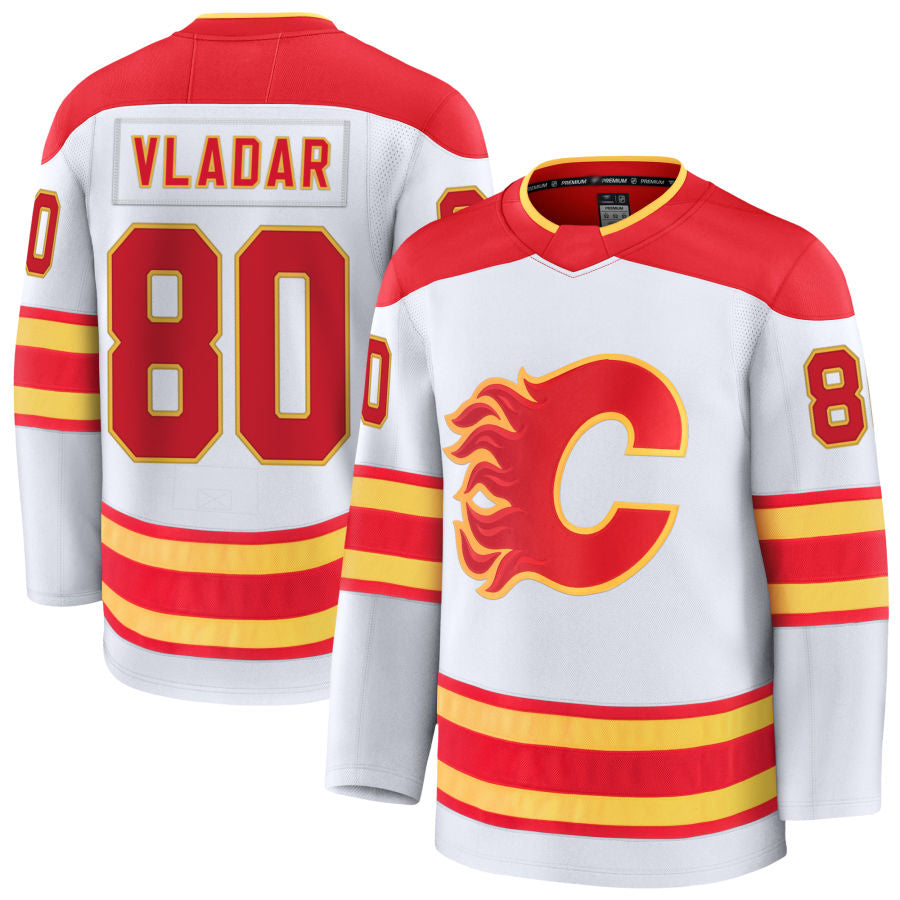 C.Flames #80 Daniel Vladar Player Fanatics Away Premium White Hockey Jerseys