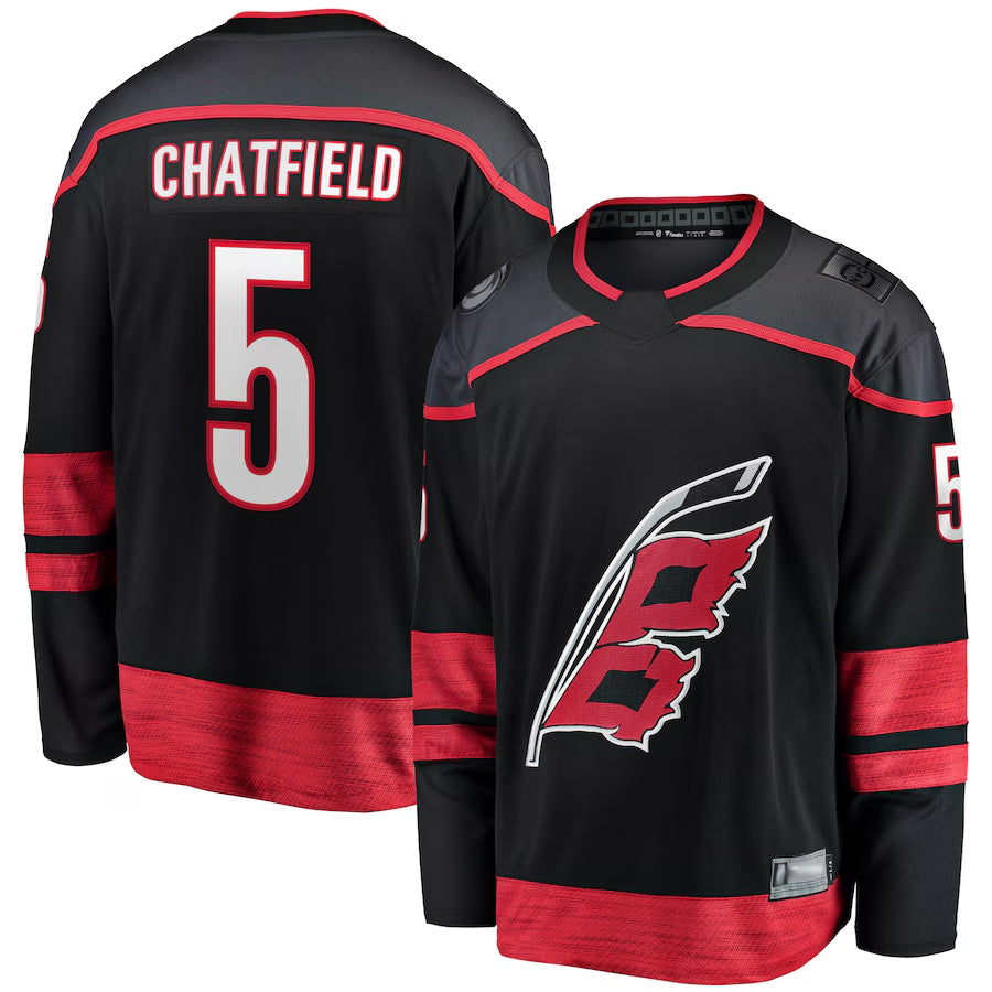 C.Hurricanes #5 Jalen Chatfield Player Fanatics Home Premier Breakaway Black Hockey Jerseys