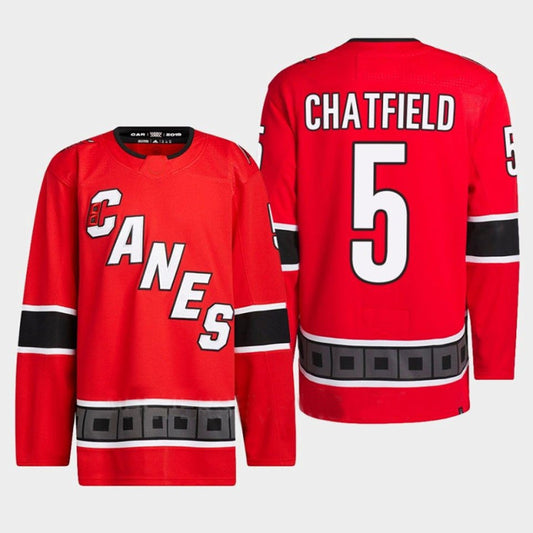 C.Hurricanes #5 Jalen Chatfield Player Fanatics Red Special Edition 2.0 Breakaway Hockey Jerseys