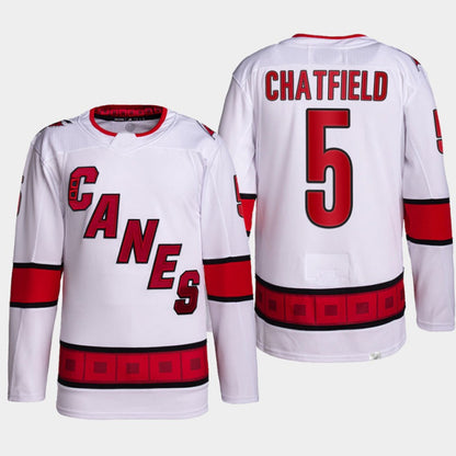 C.Hurricanes #5 Jalen Chatfield Player Fanatics White Away Authentic Hockey Jerseys