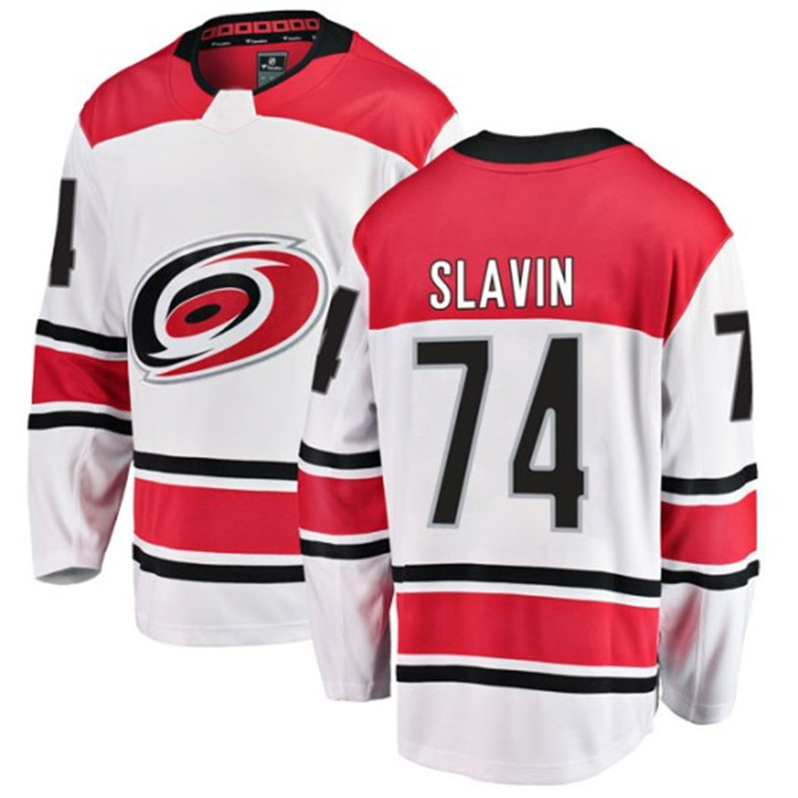 C.Hurricanes #74 Jaccob Slavin Player Fanatics White Away Breakaway Hockey Jerseys