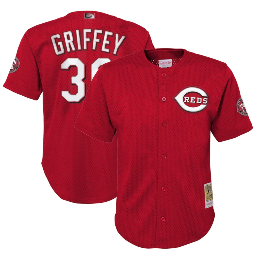 C.Reds #30 Ken Griffey Jr. Player Mitchell & Ness Red Cooperstown Collection Mesh Batting Practice Baseball Jerseys