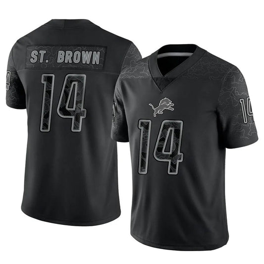 D.Lions #14 Amon-Ra St. Brown Player Black REFLECTIVE Limited Football Jerseys