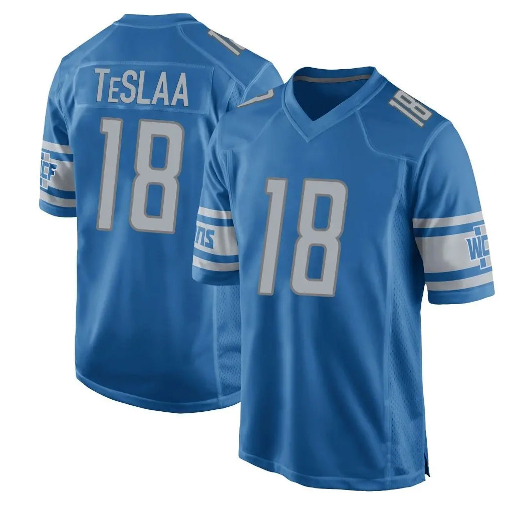 D.Lions #18 Isaac TeSlaa Player Blue Game Football Jerseys