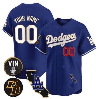 Custom LA.Dodgers Vin Patch & Kobe Bryant Gold Trim Vapor Premier Limited V2 Baseball Jerseys