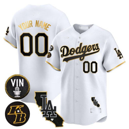 Custom LA.Dodgers Vin Patch & Kobe Bryant Gold Trim Vapor Premier Limited V2 Baseball Jerseys