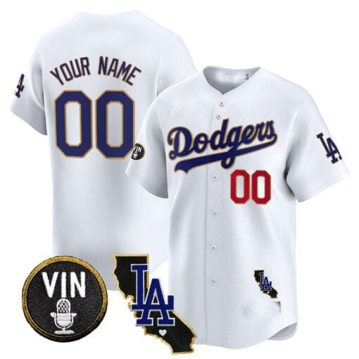 Custom LA.Dodgers Vin & California Patch Gold Trim Vapor Premier Limited Baseball Jerseys