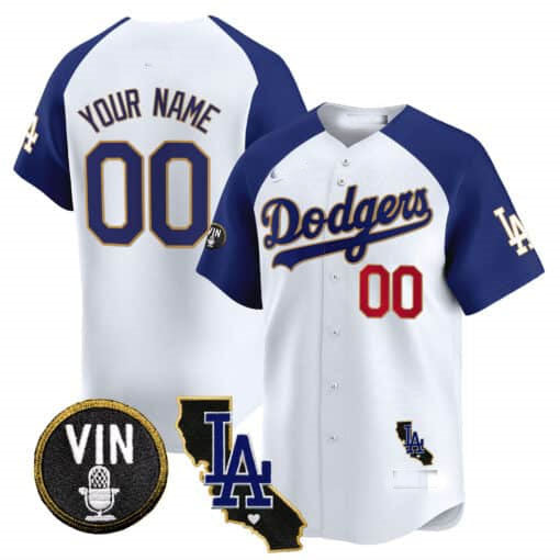 Custom LA.Dodgers Vin & California Patch Gold Trim Vapor Premier Limited Baseball Jerseys