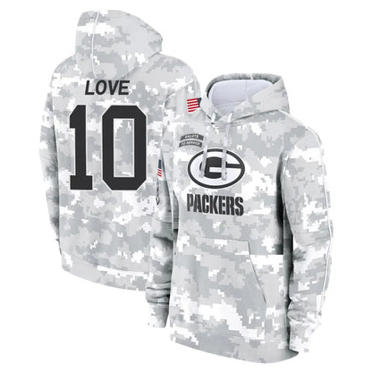 GB.Packers #10 Jordan Love Player Arctic Camo Salute To Service Hoodies Game Football Jerseys