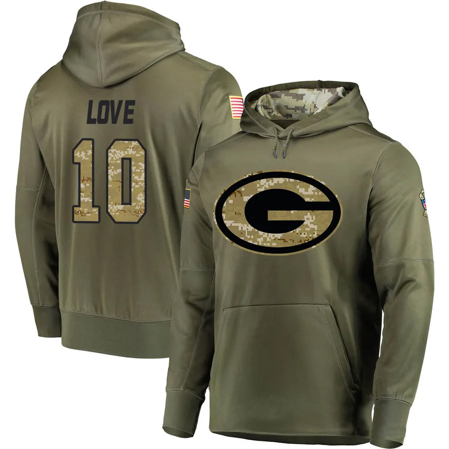 GB.Packers #10 Jordan Love Player Olive Salute to Service Pullover Hoodie Game Football Jerseys