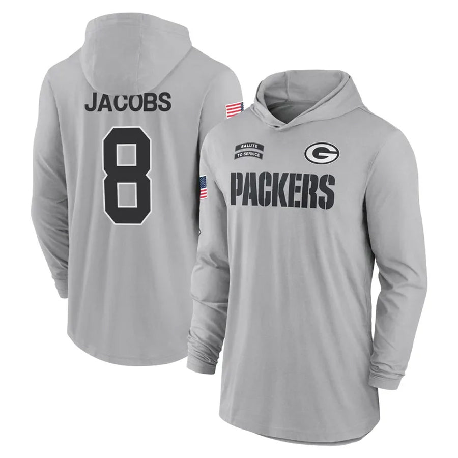 GB.Packers #8 Josh Jacobs Player Gray Salute to Service Hoodies Game Football Jerseys