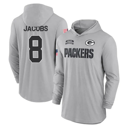GB.Packers #8 Josh Jacobs Player Gray Salute to Service Hoodies Game Football Jerseys