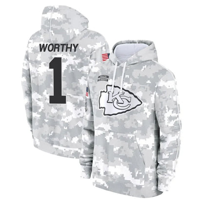 KC.Chiefs #1 Xavier Worthy Player Arctic Camo Salute to Service Hoodies Football Jerseys