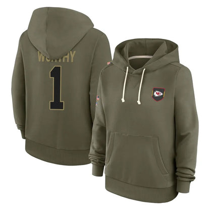 KC.Chiefs #1 Xavier Worthy Player Olive Salute to Service Hoodies Football Jerseys