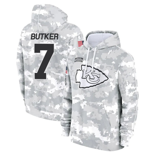 KC.Chiefs #7 Harrison Butker Player Arctic Camo Salute to Service Hoodies Football Jerseys