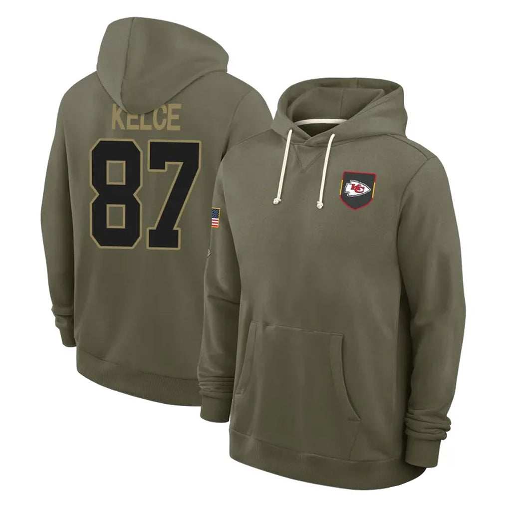 KC.Chiefs #87 Travis Kelce Player Olive Salute to Service Hoodies Football Jerseys