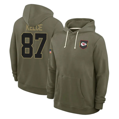 KC.Chiefs #87 Travis Kelce Player Olive Salute to Service Hoodies Football Jerseys