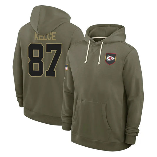KC.Chiefs #87 Travis Kelce Player Olive Salute to Service Hoodies Football Jerseys