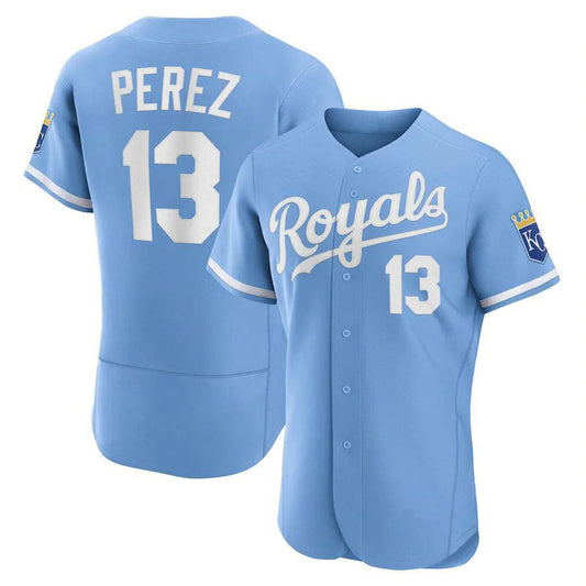 KC.Royals #13 Salvador P¡§|rez Player Light Blue Authentic Elite Baseball Jerseys