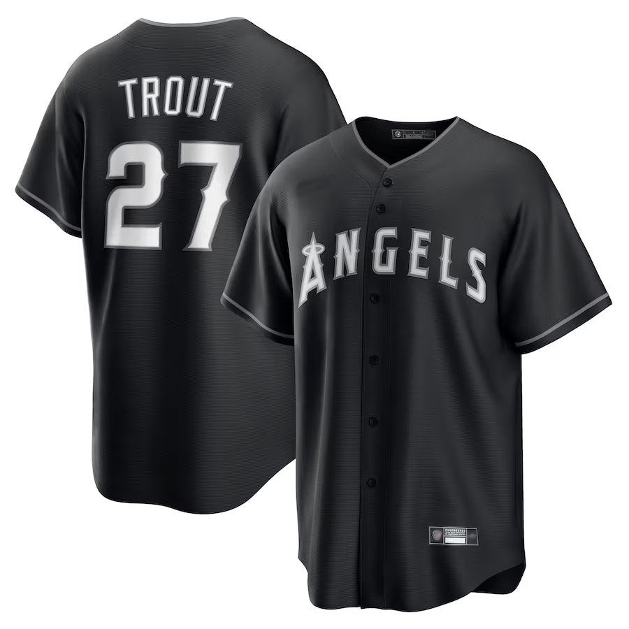 LA.Angels #27 Mike Trout Player Black Lights Out Replica Baseball Jerseys